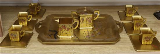 A Japanese nine piece lacquer coffee set, with tray